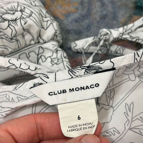 Club Monaco Mini Dress Size 6 White Black Line Floral Print Double V Puff Sleeve - Picture 3 of 16